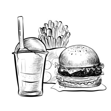 Big Hamburger or Cheeseburger, Soda Cup with Straw and Lid and French Fries. Isolated on a White Background. Realistic Doodle Cartoon Style Hand Drawn Sketch Illustration