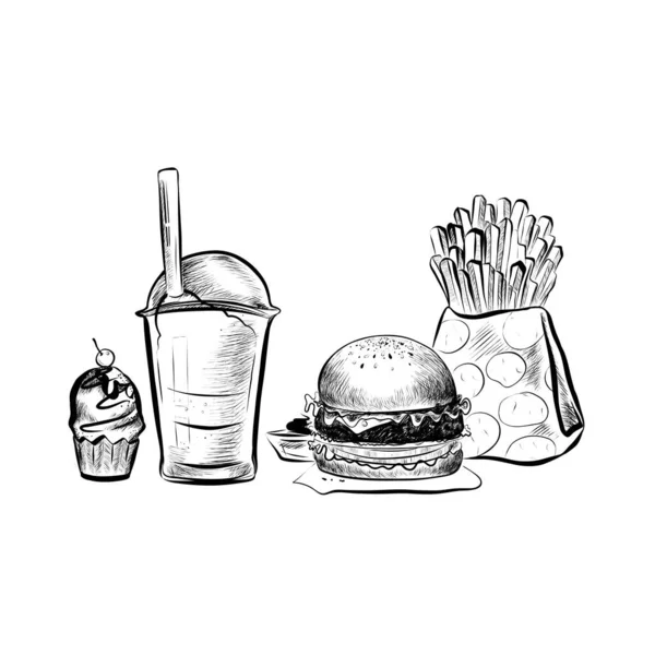 Big Hamburger Cheeseburger Cake French Fries Paper Pack Soda Cup — Archivo Imágenes Vectoriales