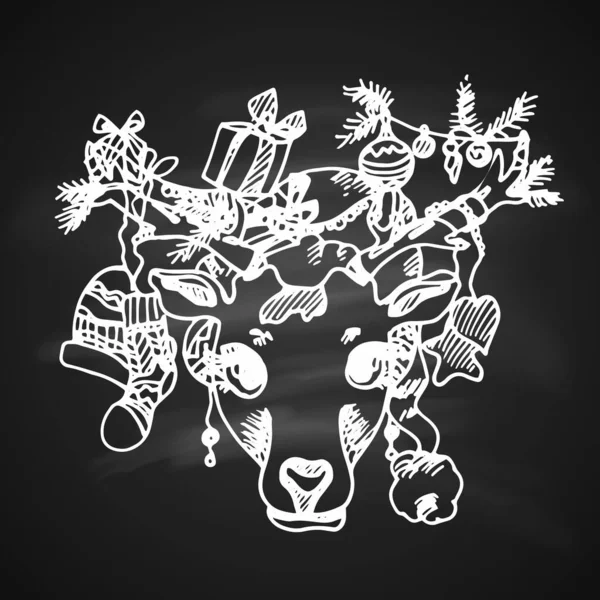 Малюнок Крейди Художня Піктограма Doodle Оленяча Голова Різдвяними Подарунками Новорічний — стоковий вектор