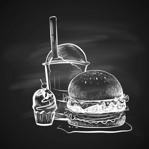 大汉堡包或芝士汉堡 苏打水与草皮和蛋糕 在黑板上被隔离了写实涂鸦卡通风格手绘素描图解 — 图库矢量图片