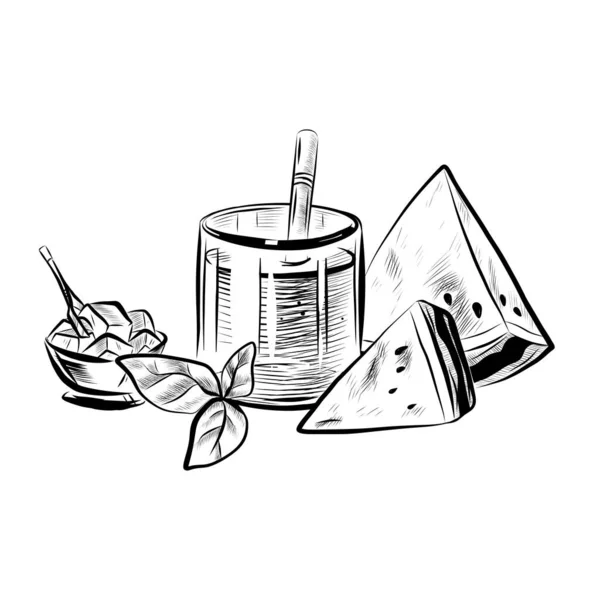 Εικονογράφηση Του Glass Straw Mint Leaf Ice Bowl Και Καρπούζι — Διανυσματικό Αρχείο