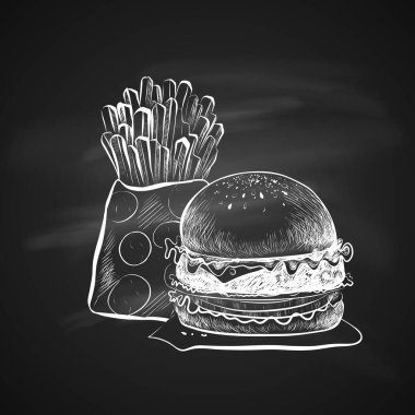Big Hamburger veya Cheeseburger ve patates kızartması. Tebeşir tahtasında izole edilmiş. Gerçekçi Doodle Çizgi Filmi Biçimli El Çizimi Çizim Çizimi