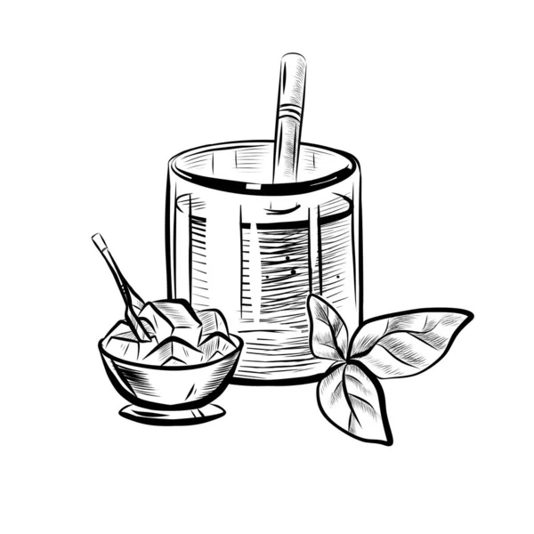Sketch Illustration Glass Straw Nane Yaprağı Ice Bowl Beyaz Arkaplanda — Stok Vektör