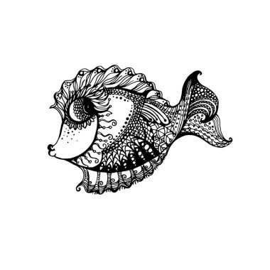 Zentangle Balığı. El Çizimi Çizimi Çizimi Çizimi Beyaz Arkaplan 'da izole edildi. Dövme için çizim