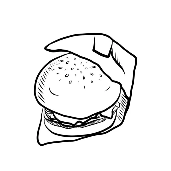 Schiță Hamburger Sos Roșii Brânză Carne Fundal Alb — Vector de stoc
