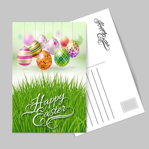 将复活节彩蛋与贺卡模板挂在一起 以庆祝佳节 — 图库矢量图片