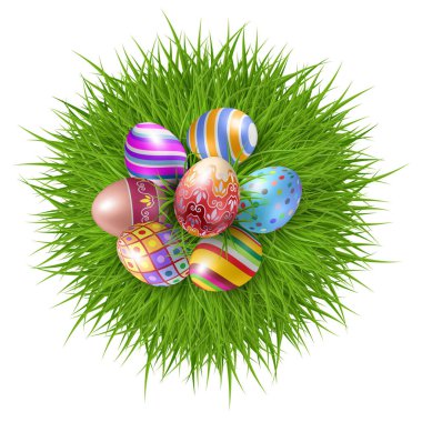 Yedi Parlak Renkli Paskalya Yumurtası Yeşil Çimenli Yuvarlak Çimenler Üzerinde Kutlama Sezonunu kutlamak için
