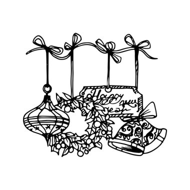 Tasarlanmış Dekoratif Tasarım Elementlerinin Çizimi. Yılbaşı Kartı veya Beyaz Davetiyesi İçin Yeni Yıl Vintage Tasarımı