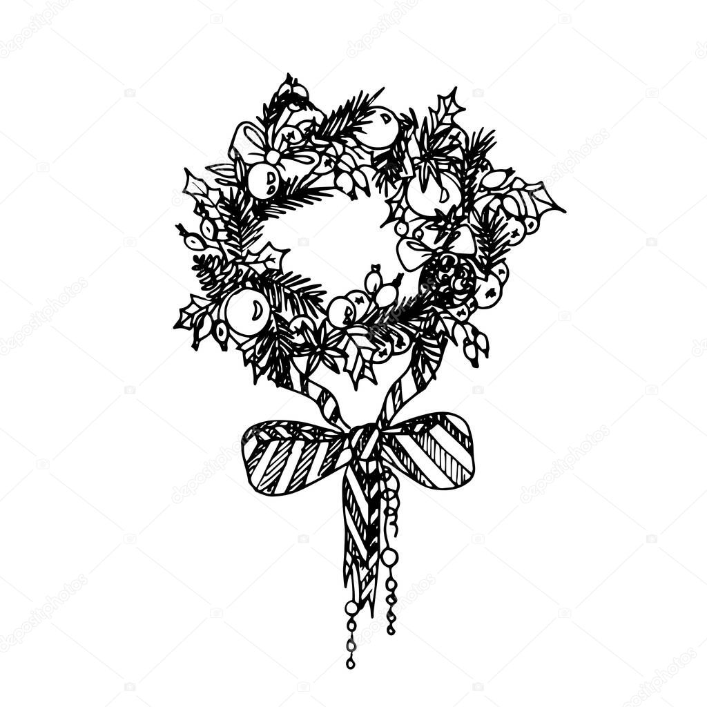 Illustration of Artistic Christmas Doodle Icon. Christmas Wreath. New Year Vintage Design for Christmas Card or Invitation on White