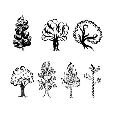 Dekoratif Ağaç Siluetleri Koleksiyonu. Beyaz Üzerine Vintage Biçiminde Ayrı Bileşim