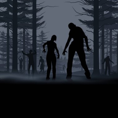 Zombi Gece Ormanından Çıkıyor. Cadılar Bayramı Yaratıcı Posteri için Siluetler Çizimi