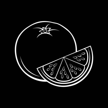 Şekil Değiştirilmiş Tüm ve Dilimlenmiş Portakal Çizimi. Bir karatahtaya izole edilmiş Gıda Uygulamaları ve Çıkartmaları Simgesi