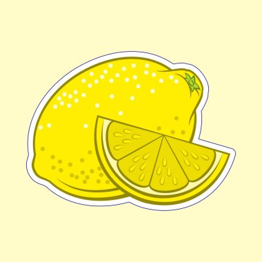 Sulu Stili ve Dilimlenmiş Limon Yapıştırması. Sarı Arkaplanda İzole Edilmiş Gıda Uygulamaları ve Çıkartmaları Simgesi