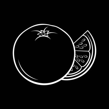 Tüm ve Dilimlenmiş Portakal Çizimi. Bir karatahtaya izole edilmiş Gıda Uygulamaları ve Çıkartmaları Simgesi