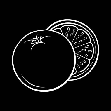 Stylized Whole ve Half Orange Sketch 'in tasviri. Bir karatahtaya izole edilmiş Gıda Uygulamaları ve Çıkartmaları Simgesi