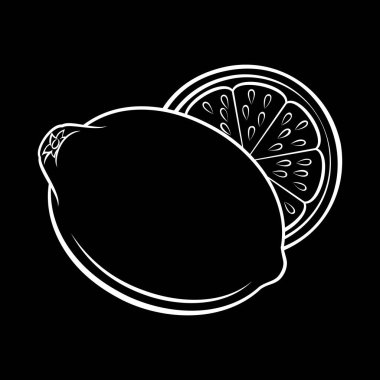 Stylized Whole ve Half Lemon Sketch 'in tasviri. Bir karatahtaya izole edilmiş Gıda Uygulamaları ve Çıkartmaları Simgesi
