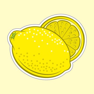 Renkli Sulu Sulu Stili ve Yarım Limon 'un tasviri. Sarı Arkaplanda İzole Edilmiş Gıda Uygulamaları ve Çıkartmaları Simgesi