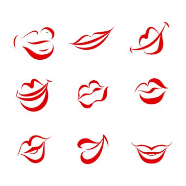 Kızıl Kadın Dudakları Beyaz Arkaplanda. Doodle Kadın Dudakları Farklı Duygular İfade Ediyor. Gülümse, öpücük, yarı açık. Beyaz Arkaplanda İzole Edilmiş