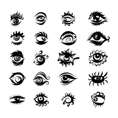 Farklı Gözler Simgelerinin El Çekimi Koleksiyonu. Beyaz Arkaplanda Tek Renkli Gözlem ve Görünüm Sembolleri İzole Edildi