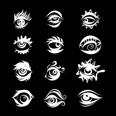 El Çizimi Farklı Gözler Simgeleri. Siyah Arkaplanda Tek Renkli Çizim Elementleri İzole Edildi