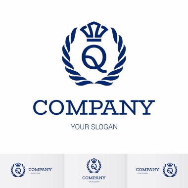 Orta ve Lüks Taç 'ta Q harfli lüks Vintage Crest logosu. Beyaz Arkaplanda Kaligrafik Kraliyet Amblemleri ve Elementler Simgesi Şablonu