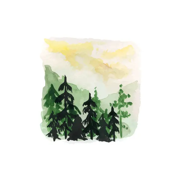 Watercolor Mão Desenhada Silhueta Ilustração Abeto Árvore Panorama Montanhas Nebulosas Vetores De Bancos De Imagens