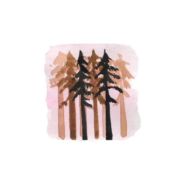 Aquarela Verão Floresta Outono Silhueta Árvores Ilustração Desenhada Mão Sem —  Vetores de Stock