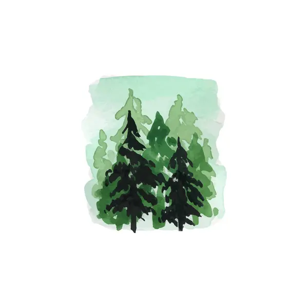 Grüne Baumsilhouette Fichte Kiefer Abstraktes Aquarell Freie Hand Gezeichnete Illustration lizenzfreie Stockillustrationen