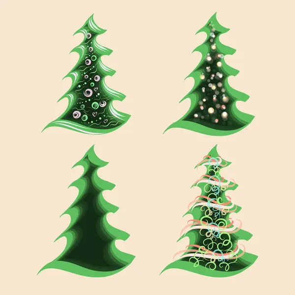 Set Abstract Christmas Trees Greeting Cards Elements Green Magic Forest Vector Graphics