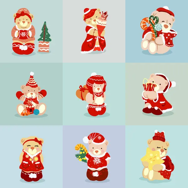 ライトバックグラウンドの異なるクリスマスコスチュームの小さなかわいい熊のセット グリーティングカードやポスターデザインのクリスマスコンセプトイラスト ロイヤリティフリーのストックイラスト