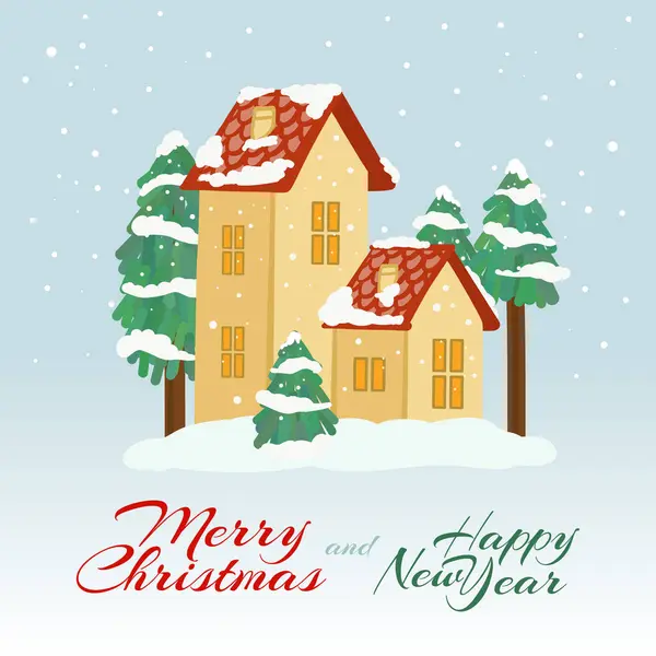 メリークリスマスカード ポスター 冬の風景カウンターサイド私邸 クリスマスツリー ロイヤリティフリーストックベクター