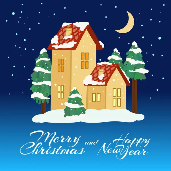 Buon Natale Card Poster Winter Night Paesaggio Campagna Case Private Illustrazioni Stock Royalty Free