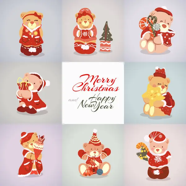 Aydınlık Arkaplanda Farklı Noel Kostümlü Küçük Şirin Ayılar Kutlama Kartları Stok Vektör