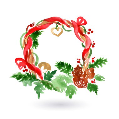 Kırmızı kurdeleli Noel Çam Ağacı Çelengi 'nin suluboya resmi. El Çizimi Suluboya Resimleri Beyaz Arkaplanda