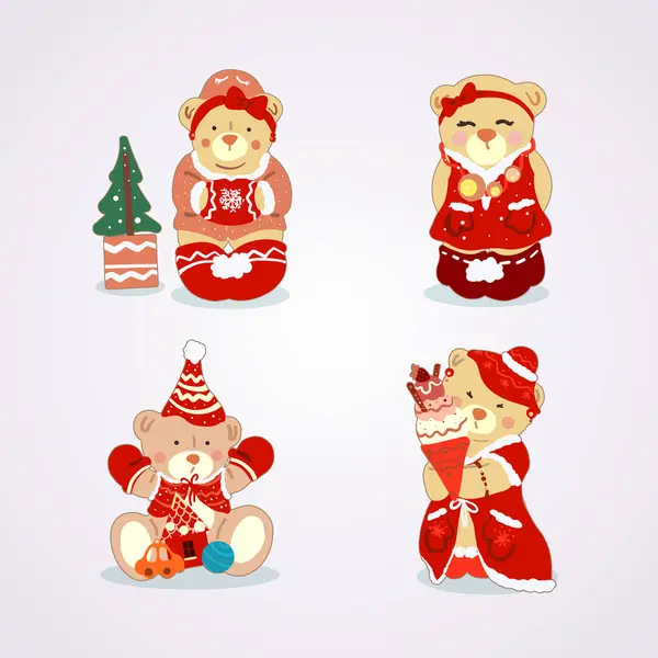 Set Little Cute Bears Different Christmas Costume Light Background Shadows Ilustração De Stock