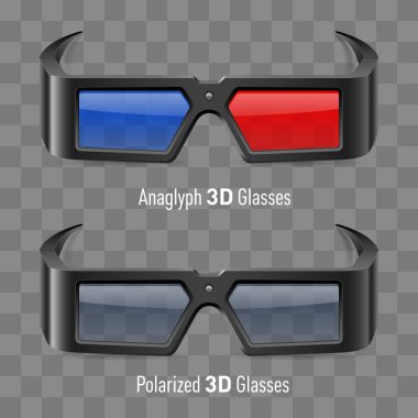 Anaglyph ve Polarize 3D Sinema Gözlüğü. Stereoskopik Gözlükler Şeffaf Arkaplanda Clipart 'ı izole etti. Film İzleme Aksesuar Tasarım Elemanı