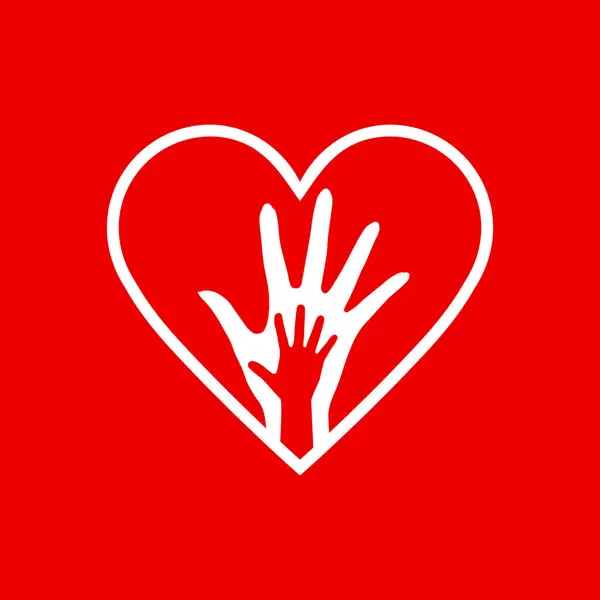 红心中的两只手 作为孤儿收养隐喻 儿童收养或医疗或儿童保健慈善机构在红色背景下的一个伟大的例证或标志 矢量图形