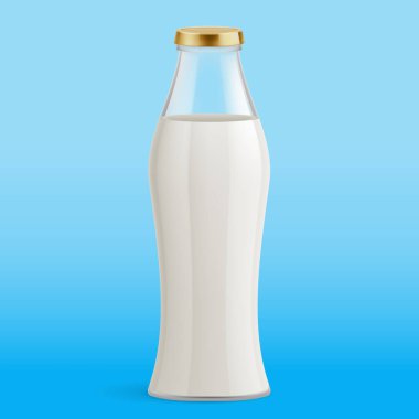 White Milk Pack Package Packaging Glass Bottle. Illustration Isolated on Blue Background. Glass Bottle with Milk. Traditional Old Fashioned Glass Milk Bottle