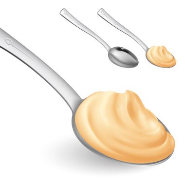 Çay kaşığı kremalı kaşık yoğurt ya da Ekşi Kremalı Sağlıklı Pişirme ve Şekerleme. Gerçekçi Stil Trend Modern Foodie Logotype Grafiği