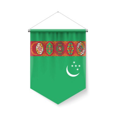 Türkmenistan 'ın Dikey Pennant Bayrağı Gölge Efektleriyle Beyaz Simge Olarak. Resmi Renk ve Çiçek Vatanseverlik İşareti, Metalik Polonyalıların Asıldığı Türkmenistan Bayrağı