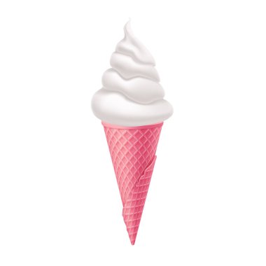 Pembe Waffle Cone 'da lezzetli vanilyalı dondurma. Sokak Fast Food, Tatlı Sütlü Tatlı Yaratıcı illüstrasyon Beyazda İzole Edildi