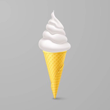 Sarı Waffle Cone 'da lezzetli vanilyalı dondurma. Sokak Fast Food, Tatlı Süt Tatlısı Yaratıcı illüstrasyon Gri Arkaplanda İzole Edildi
