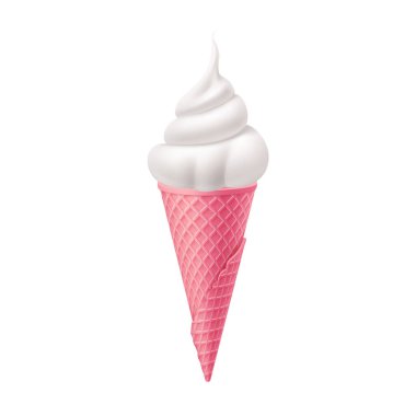 Pembe Waffle Cone 'da lezzetli vanilyalı dondurma. Sokak Fast Food, Tatlı Süt Tatlısı Yaratıcı illüstrasyon Beyaz Arkaplanda İzole Edildi