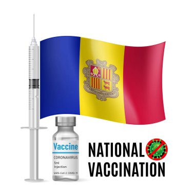 Andorra bayrağı, aşı bağışıklık şırıngası ve aşı için antibiyotik. Andorran Bayrağı ile Sağlık ve Ulusal Aşı kavramı