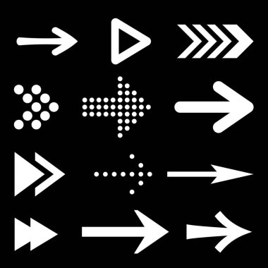 Düz Beyaz Ok Simgesi. İzole edilmiş Ok Simgesi Geri ve Sonraki Kullanıcı Arayüzü Simgeleri Koleksiyonunu Ayarla. Siyah Arkaplanda Önceki ya da İleri Minimum Web Düğmeleri için Farklı Şekil Kavramı