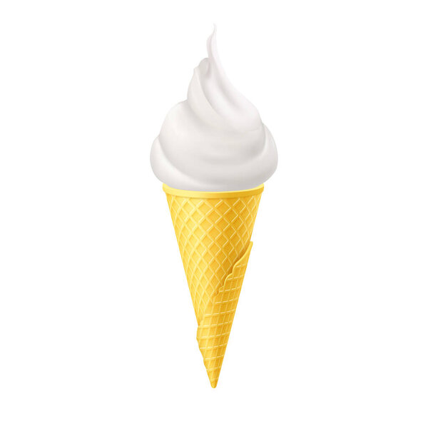 Delicious Vanilla Ice Cream in Yellow Waffle Cone. Street Fast Food, Sweet Milky Dessert Creative illustration Isolated on White Background