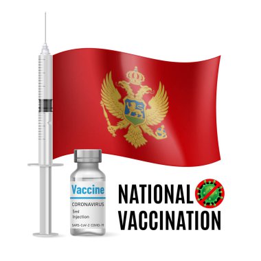 Karadağ Aşı Bağışıklık Şırıngası ve Aşı İçin Antibiyotik Bayrağı. Karadağ bayrağıyla Sağlık ve Ulusal Aşı Konsepti