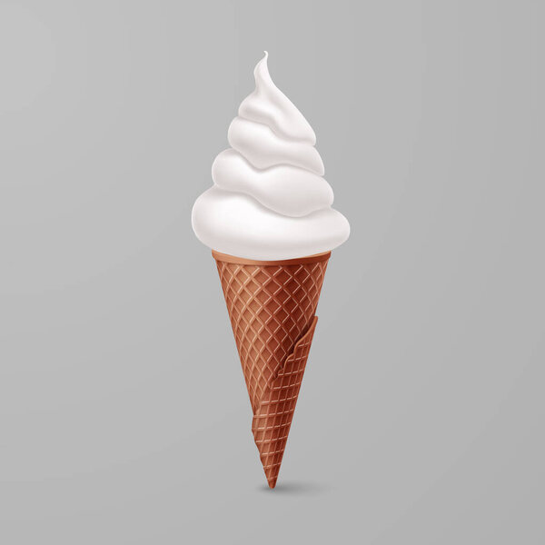 Tasty Vanilla Ice Cream in Brown Waffle Cone. Street Fast Food, Sweet Milky Dessert Creative illustration Isolated on Gray