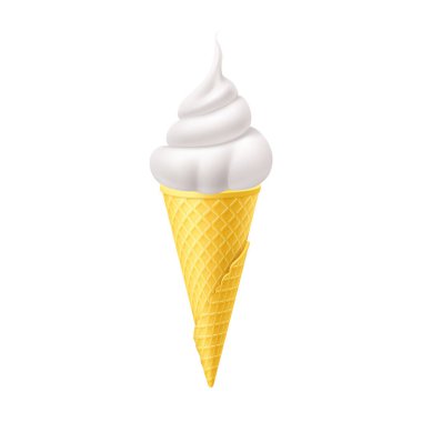 Sarı Waffle Cone 'da lezzetli vanilyalı dondurma. Sokak Fast Food, Tatlı Süt Tatlısı Yaratıcı illüstrasyon Beyaz Arkaplanda İzole Edildi.