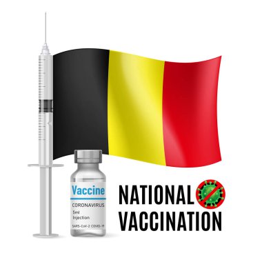 Belçika bayrağı, aşı bağışıklık şırıngası ve aşı için antibiyotik. Sağlık ve Belçika bayrağıyla Ulusal Aşı kavramı